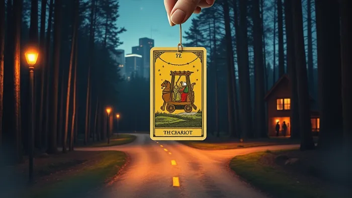 Символическое изображение развилки дорог в лесу: одна ведет к городу, другая — к дому. Рука держит карту Таро между путями.