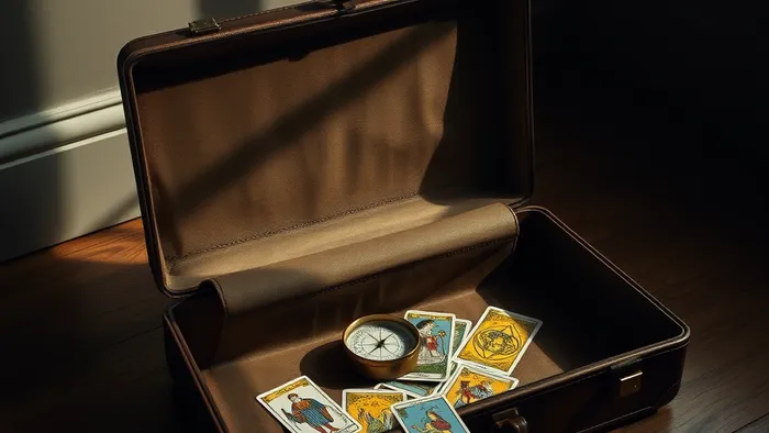 Открытый чемодан с разбросанными картами Таро и компасом внутри, символизирующий решение о переезде и внутреннее ориентирование.