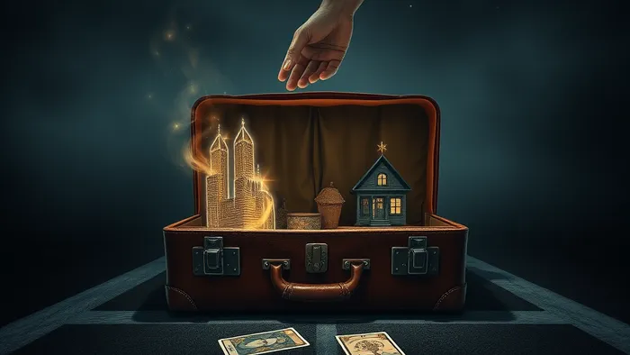 Символическое изображение выбора о переезде: открытый чемодан на перекрестке, из которого исходят светящиеся образы города и дома, вокруг разбросаны карты Таро Колесница, Двойка Кубков и Королева Жезлов.