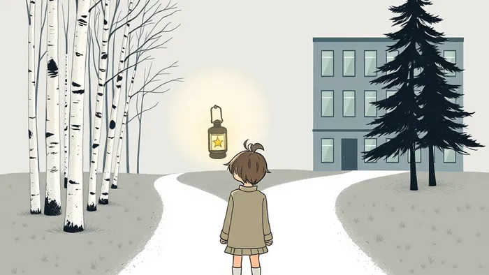 Символичная иллюстрация: ребенок на перепутье между символами России и Финляндии, держит в руках светящуюся карту Таро Звезда как фонарь.