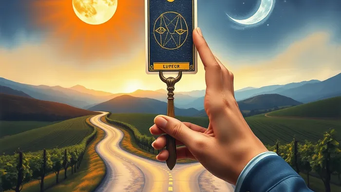 Символическое изображение развилки дороги в грузинском пейзаже, освещенной символами солнца и луны, с картой Таро Двойка Пентаклей в руке, олицетворяющей выбор между бизнесом и работой.