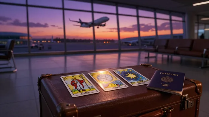 Расклад карт Таро Колесница и Мир на фоне окна аэропорта с улетающим самолетом, символизирующий удачную эмиграцию.