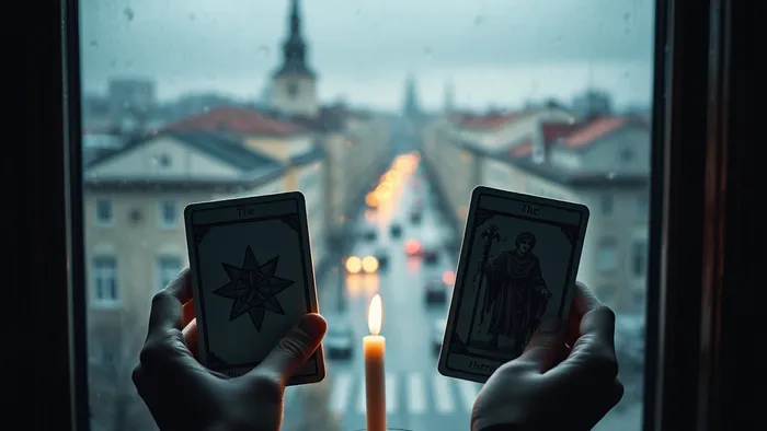 Руки держат карты Таро (Звезда и Отшельник) на фоне дождливого польского города за окном. На подоконнике горит свеча.