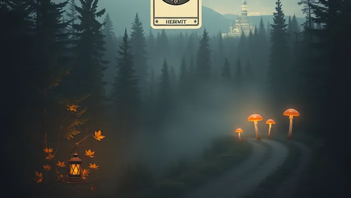 Символическая иллюстрация: две расходящиеся тропы в канадском лесу. Одна освещена фонарём (архетип Отшельника), другая ведёт к сияющему городу (архетип Дурака). Над развилкой парит карта Таро Колесо Фортуны.