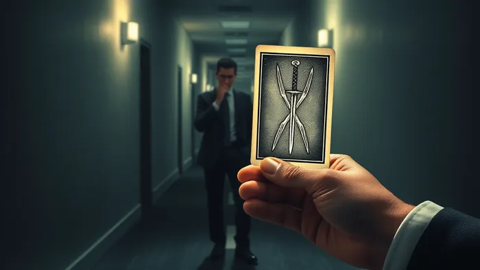 Символическое изображение карьерного выбора на перекрестке: сотрудник с картой Таро в руках стоит перед двумя путями в офисе.