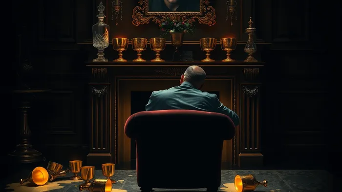 Символическое изображение перевёрнутой Девятки Кубков: человек в богатом, но мрачном интерьере сидит спиной к зрителю, а девять опрокинутых золотых кубков на камине символизируют выплеснутые эмоции и внутреннюю пустоту при внешнем изобилии.