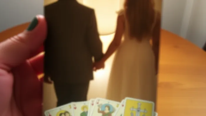 Символическое изображение: старая размытая фотография пары на фоне расклада карт Таро (Влюблённые, 6 Кубков, 9 Мечей), символизирующая память о первой любви и её анализ через арканы.