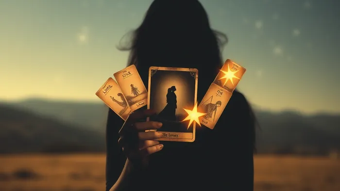 Символическое изображение трансформации памяти о первой любви: старая фотография превращается в светящиеся карты Таро на фоне звездного неба.