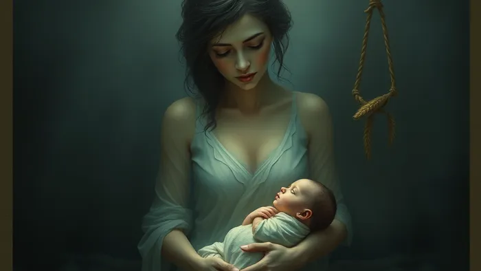 Символическое изображение матери с новорожденным, объединенное с архетипами карт Таро Императрица и Повешенный в полумраке ночной комнаты.