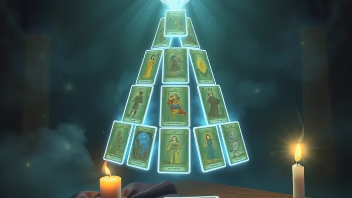 Мистическая иллюстрация расклада Таро в форме светящейся пирамиды из десяти карт на темном фоне со свечой и колодой.