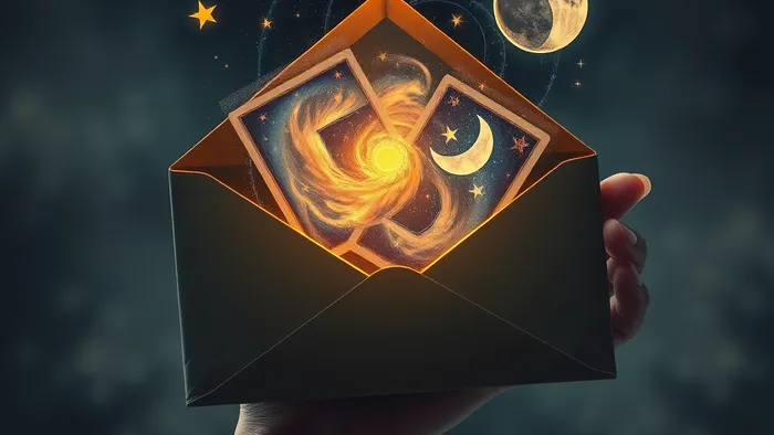 Метафорическое изображение письма из будущего в Таро: из открытого конверта emerge светящиеся карты Старших Арканов в космическом пространстве.
