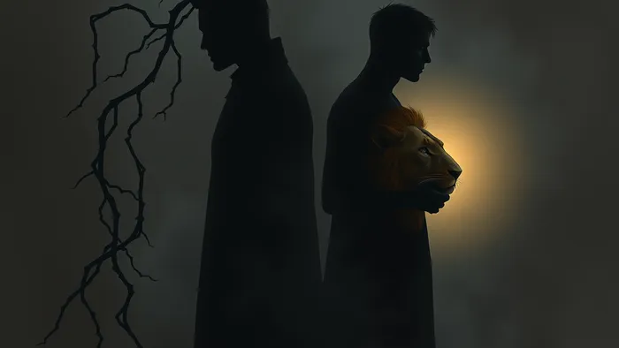 Символическое изображение двух расходящихся путей: от одной фигуры тянутся цепи и тени, другая фигура символически обуздывает льва, олицетворяя внутреннюю силу перед лицом предательства.