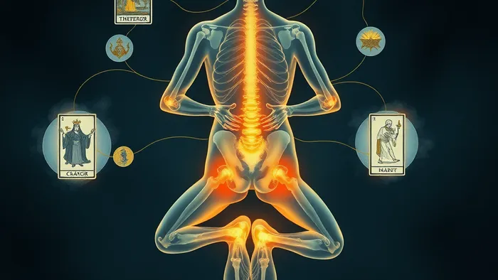 Символическое изображение: полупрозрачная человеческая фигура в медитативной позе. Суставы подсвечены мягким светом, от них тянутся нити к парящим вокруг арканам Таро — Императору, Колеснице, Повешенному. Визуальная метафора связи телесной скованности и внутренних архетипов.