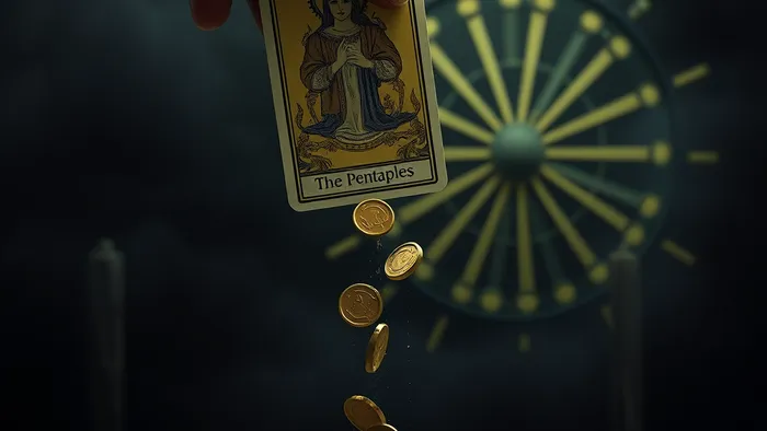Символическая иллюстрация: карта Таро Пятерка Пентаклей, из которой высыпаются золотые монеты, символизируя незапланированные расходы и утечку ресурсов.