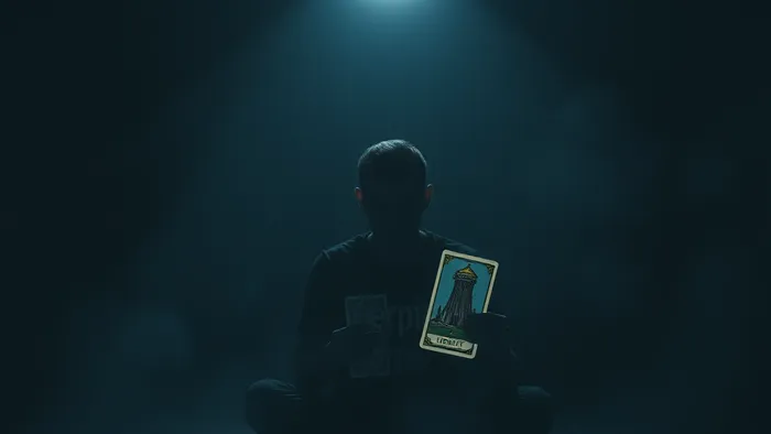 Символическое изображение одиночества в толпе: человек сидит в центре, окруженный размытыми силуэтами, в руках у него светящаяся колода Таро с картами Отшельник и Башня.