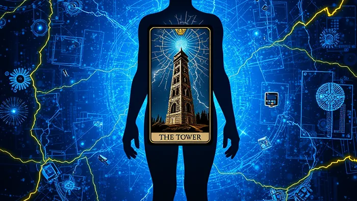 Сюрреалистическое изображение человека в энергетическом поле из цифровых помех и осколков экранов. В центре парит карта Таро Башня, из которой бьют молнии.