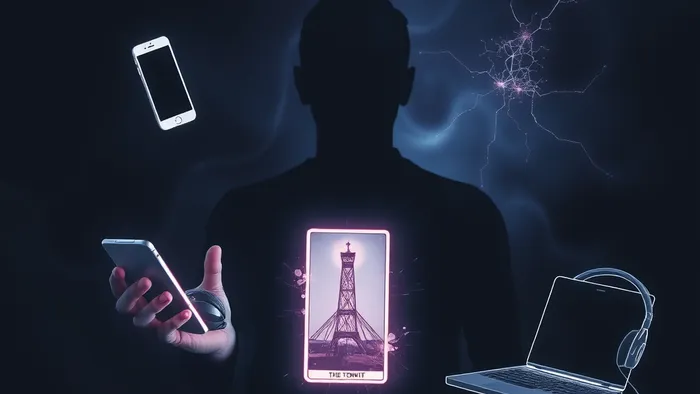 Символическое изображение человека в энергетическом поле, вокруг которого зависают глючащие прозрачные силуэты гаджетов. В руке — светящаяся карта Таро.