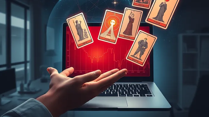 Символическое изображение дилеммы инвестора: график убытков на экране ноутбука переплетается с парящими картами Таро (Повешенный, Башня, 5 Пентаклей), олицетворяющими внутреннюю борьбу.