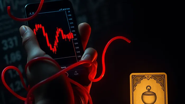 Концептуальное изображение: рука держит телефон с красным графиком убытков, который опутывает её, а карта Таро излучает свет, символизируя анализ и осознанность в инвестициях.