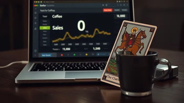 Символичное изображение проблемы первых продаж: ноутбук с графиком продаж на нуле, перекрытый картой Таро 'Колесница', лежащей боком. Мистическое освещение.