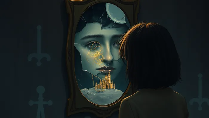 Символическое изображение: человек смотрит в треснувшее зеркало, в отражении которого виден не его образ, а запутанная нить или рушащийся песочный замок — метафора внутренних паттернов, мешающих отношениям.