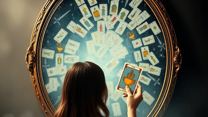 Символическое изображение: человек перед зеркалом, отражающим карты Таро, держит в руках карту Десятка Кубков — символ семейного счастья и гармонии.