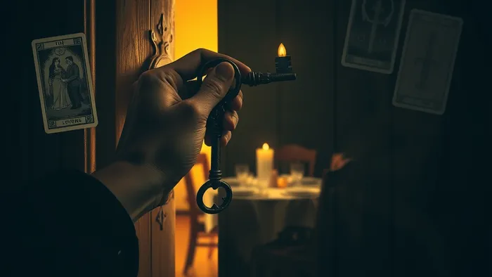 Символическое изображение проблемы: рука с ключом у закрытой двери, за которой виден свет семейного очага. Вокруг — образы карт Таро, связанных с выбором, страхами и отношениями.