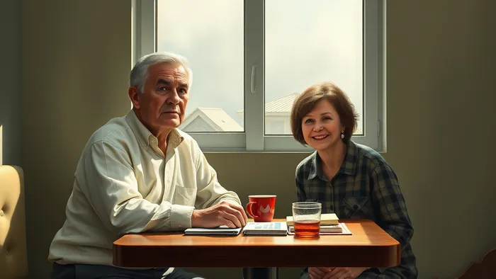 Два человека разделены стеклянной стеной за столом в кафе. На столе лежат карты Таро: перевёрнутая Двойка Кубков, Отшельник и Девятка Мечей, символизирующие барьеры в общении.