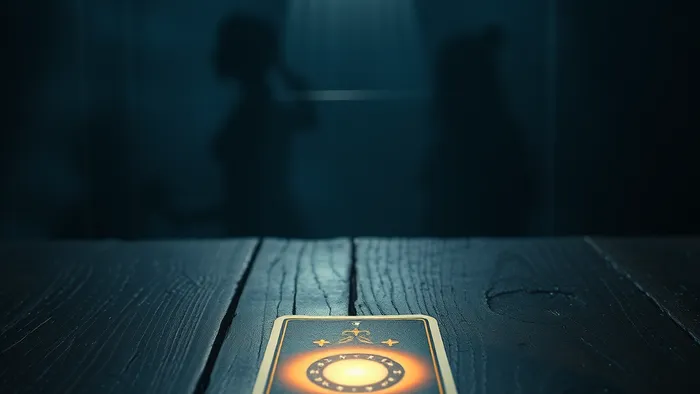 Символическая иллюстрация: карта Таро 'Отшельник' лежит на столе, её свет освещает лишь маленький круг, вокруг в темноте — разобщённые силуэты людей и прозрачный барьер между ними.