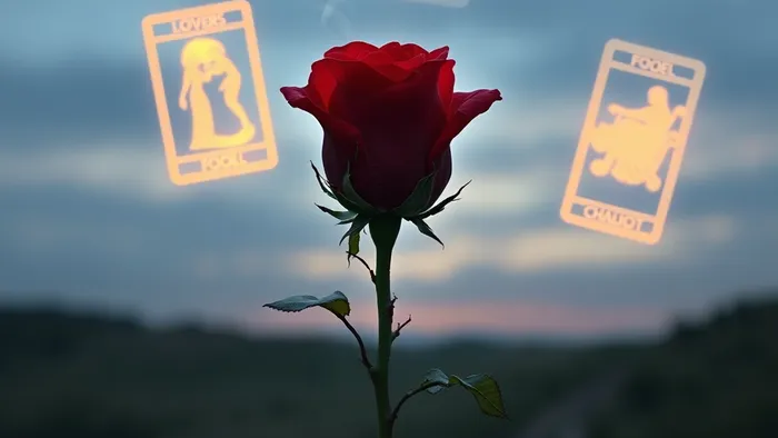 Символическое изображение розы из тающего сахара на фоне арканов Таро (Влюблённые, Шут, Колесница), иллюстрирующее хрупкость и переходность конфетно-букетного периода.