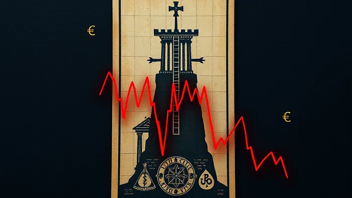 Концептуальное изображение: график фондового рынка в красных тонах, наложенный на старинную карту Таро, символизирующую кризис или потери.