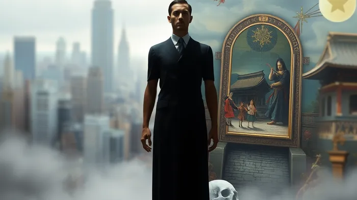 Сюрреалистичное изображение человека на пороге между современным миром и исторической эпохой, с парящими картами Таро, символизирующими связь между временами.