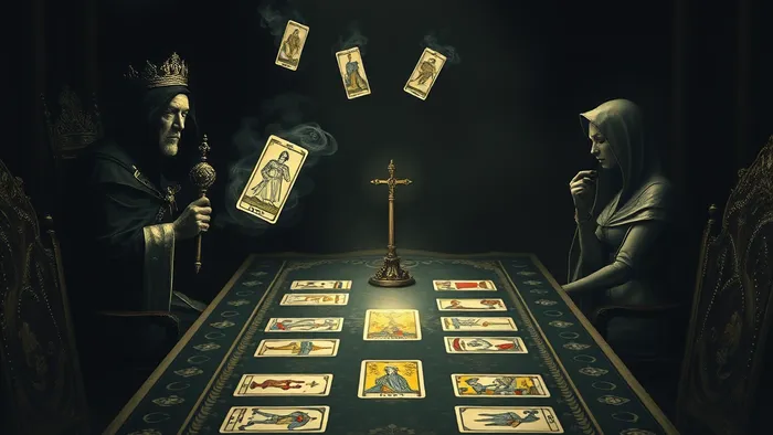 Символическое изображение дисбаланса власти в семье через призму Таро: две фигуры за столом, окруженные картами Император, Колесница, Жрица и Девятка Мечей.