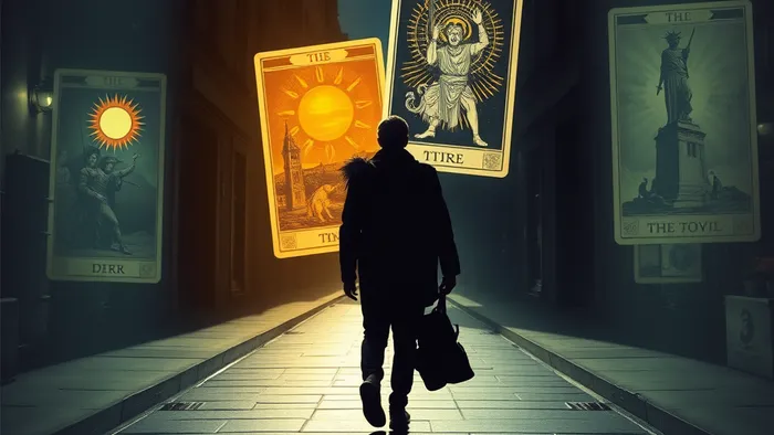 Сюрреалистичное изображение человека на городской улице, где архитектура растворяется в образы карт Таро: светлых и тёмных арканов.