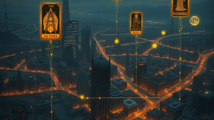 Мистическая карта города с наложенными на неё светящимися архетипами карт Таро, иллюстрирующая энергетические потоки и зоны упадка сил.