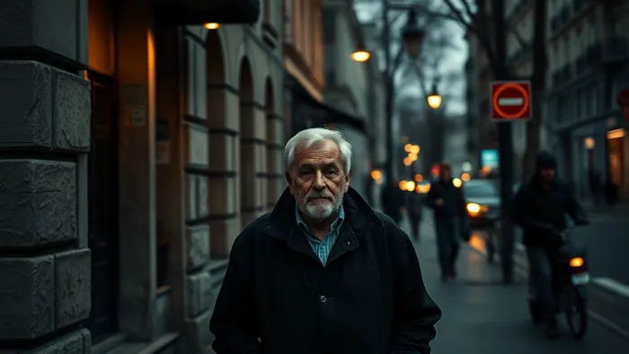 Человек на пустынной улице у старого здания. На асфальте карты Таро: Повешенный, Девятка Мечей, Луна. Иллюстрация к статье об энергетике мест и упадке сил.