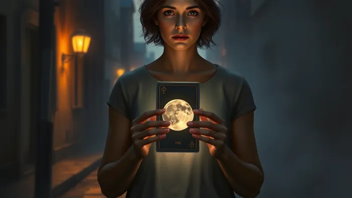 Человек на перекрёстке городской улицы в сумерках держит в руках светящуюся карту Таро Луна, выбирая между тёплым и холодным путём.