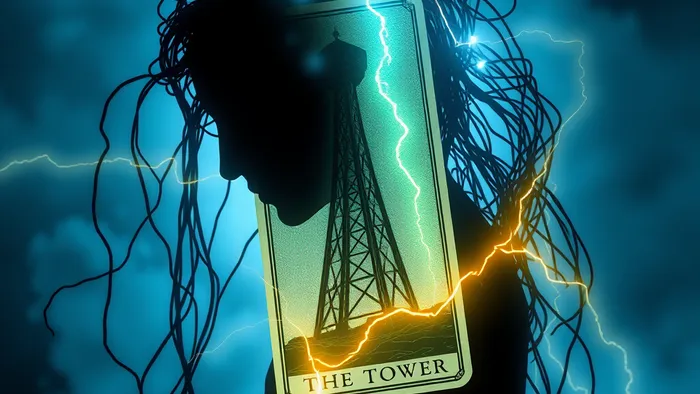 Символическое изображение человека из переплетённых проводов и плат с проступающей картой Таро Башня, иллюстрирующее тему энергетического вмешательства и поломок техники.