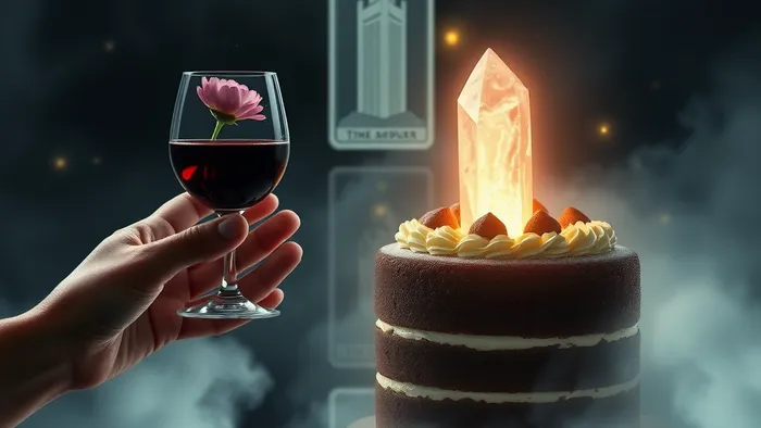 Символическое изображение выбора между саморазрушением (бокал вина, торт) и исцелением (цветок, кристалл) на фоне архетипических карт Таро.