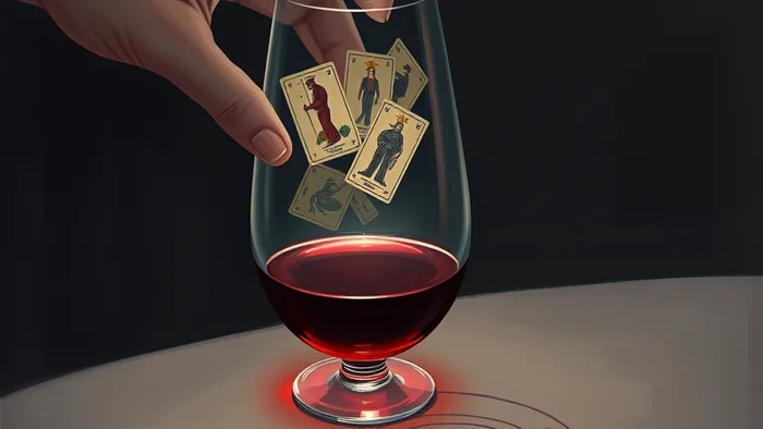 Символичное изображение: бокал вина, преломляющий свет, внутри которого видны образы карт Таро (Башня, Дьявол, 4 Кубков). Рядом крошки еды образуют лабиринт. Метафора саморазрушающего поведения и его скрытых смыслов.