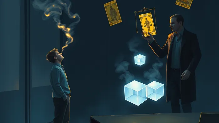 Символическая иллюстрация: слова одного сотрудника растворяются, в то время как идеи другого материализуются и принимаются начальством. Вокруг парят карты Таро Маг, Император и Справедливость.