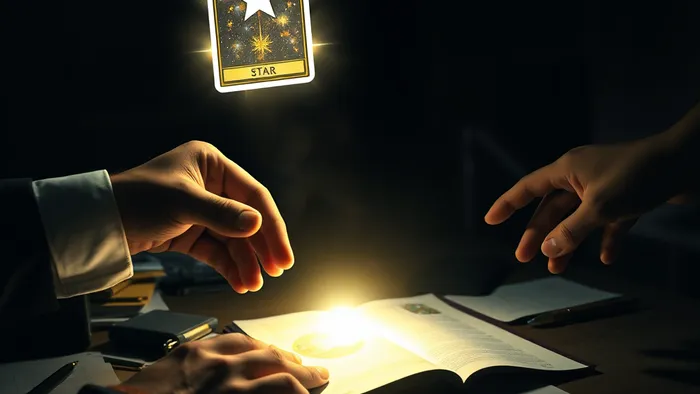 Символическая иллюстрация: рука кладет светящуюся карту Таро на офисный стол, в то время как другая рука забирает чужую идею. Магический свет карты высвечивает скрытые офисные интриги.