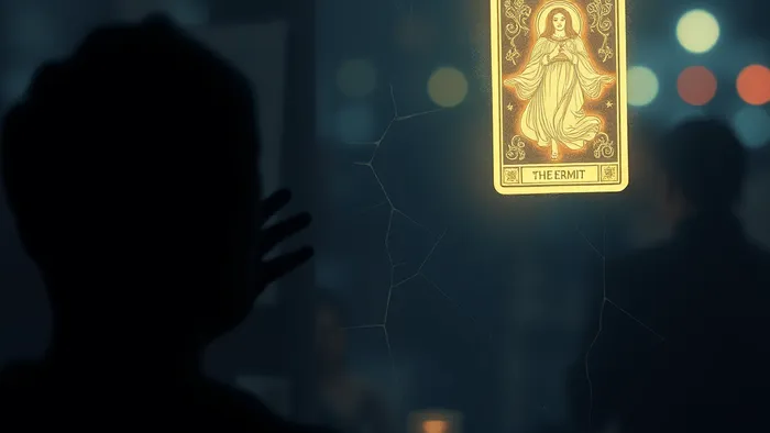 Символическое изображение: силуэт человека тянется к светящейся карте Таро сквозь прозрачную стеклянную стену. Тема барьеров в общении и поиска глубины.