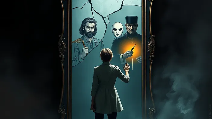 Символическое изображение внутреннего конфликта творческого человека: в разбитом зеркале отражаются разные архетипы (Судья, Шут, Самозванец), а рука тянется к кисти, лежащей на полу.