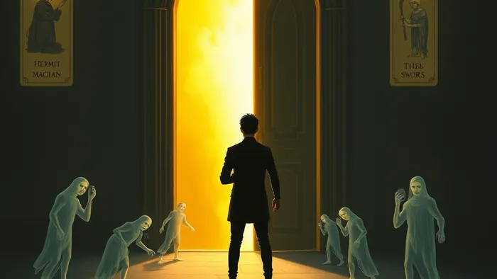 Символическое изображение творческого страха: человек замер перед дверью, ведущей к свету, его тень превращается в тревожные образы, на стенах — проекции карт Таро.