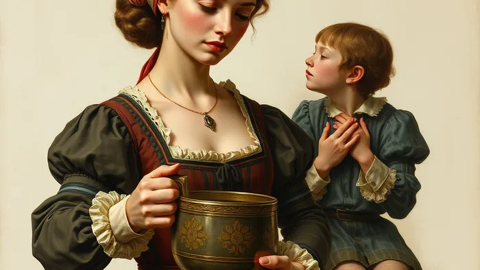 Аллегорическое изображение конфликта между щедрой заботой о других (полив дерева) и забыванием собственных потребностей (жажда).