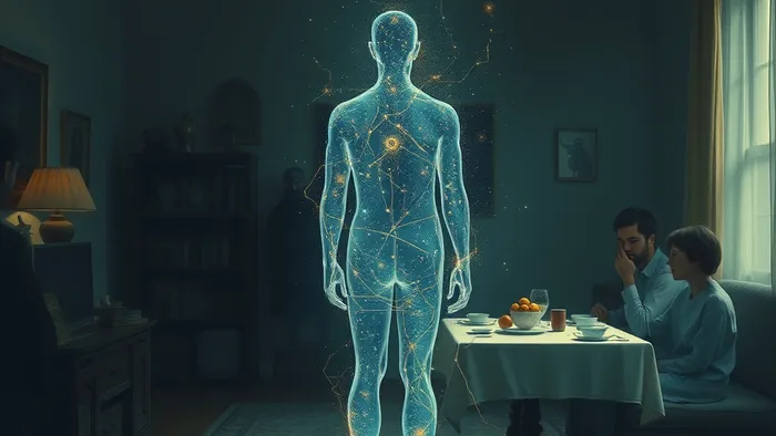 Символическое изображение человека, чувствующего себя чужим в семье: его прозрачное тело наполнено звездами и созвездиями, в то время как родные за обеденным столом соединены тонкими золотыми нитями, не касающимися его.