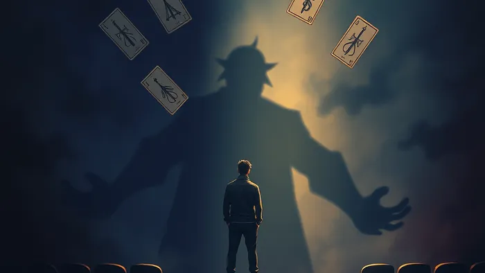 Символическое изображение человека на сцене, чья тень превращается в монстра страха, окружённого парящими картами Таро (Шут, Повешенный, 9 Мечей).