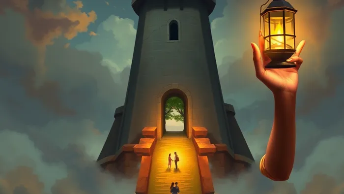 Символическое изображение внутреннего конфликта: человек между башней-убежищем (Отшельник) и путем к отношениям, освещенный lanternом самопознания.