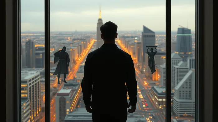 Символическое изображение внутреннего конфликта: человек стоит у окна, глядя на оживленный город, а между ним и миром парят полупрозрачные образы карт Таро — Отшельник, Повешенный, Башня.